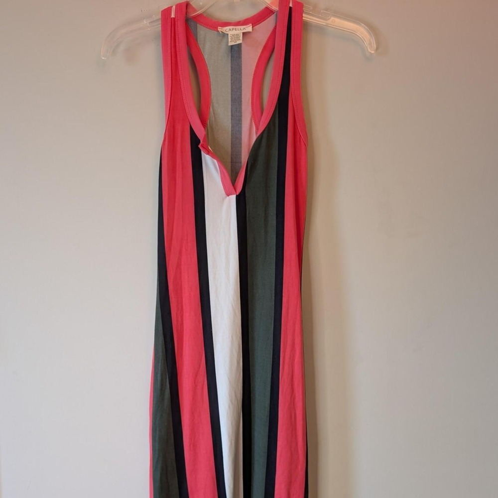 Multi-Color V Neck Maxi Olive Green Blk Coral vertical Stripe Casual SzM Capella